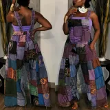Women'S Printed Boho Bib Pants Strap Wide Leg Jumpsuit