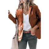 Fall Winter Women'S Chic Slim Fit Turndown Collar Single Breasted Solid Color Pu Leather Blazer Long Sleeve Coat