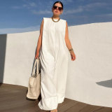 Casual Solid Sleeveless Wide Leg Loose Jumpsuit