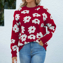 Damen Herbst Winter Strickshirt Rundhals Blumen Pullover Pullover