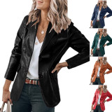 Fall Winter Women'S Chic Slim Fit Turndown Collar Single Breasted Solid Color Pu Leather Blazer Long Sleeve Coat