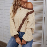 Damen Herbst/Winter Kontrastfarbe Knopf Rundhals Pullover Strickhemd Laternenärmel Pullover
