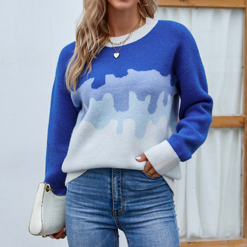 秋/冬の女性のラウンド ネック グラデーション カラー ニット シャツ コントラスト カラー セーター
