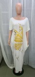 Women Shiny Print Short Sleeve Casual Maxi Dress