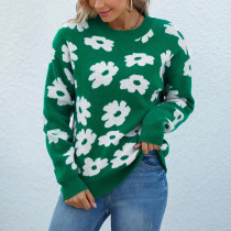 Chemise à tricoter automne-hiver pour femmes pull à fleurs à col rond