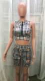 Plaid Print Zip Casual Sleeveless Shorts Two Piece Suit Women