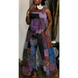 Women'S Printed Boho Bib Pants Strap Wide Leg Jumpsuit