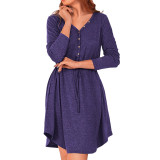 Autumn And Winter Women'S Solid Color V-Neck Fashion Long Sleeve  Button Belted Casual Dress