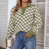 Herbst- und Winter-Strickhemd für Damen mit kontrastierendem Karo-Pullover mit Umlegekragen
