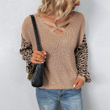 Women Leopard Print Patchwork Knitting Shirt Autumn And Winter Cross Neck Lantern Sleeve Sweater