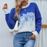Herbst/Winter Frauen Rundhals Farbverlauf Strickhemd Kontrastfarbe Pullover
