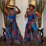 Women'S Printed Boho Bib Pants Strap Wide Leg Jumpsuit
