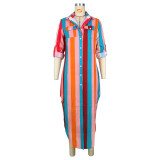 Women'S Multi-Color Striped Print Button Pocket Shirt Dress