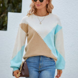 Women'S Fall/Winter Color Contrast Round Neck Knitting Shirt Lantern Sleeve Sweater