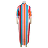 Women'S Multi-Color Striped Print Button Pocket Shirt Dress