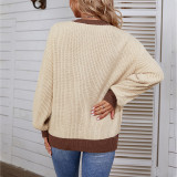 Damen Herbst/Winter Kontrastfarbe Knopf Rundhals Pullover Strickhemd Laternenärmel Pullover