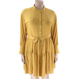 Spring Autumn Solid Round Neck Single Breasted Plus Size Women'S Long Sleeve Pleated Shirt Dress