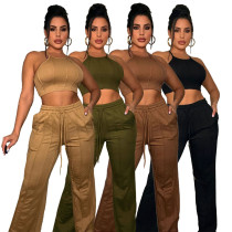 Einfarbiges, geripptes Camisole-Match-Patchwork-Hosen-Zweiteiler-Set für Damen