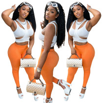 Otoño sin mangas Crop 2 piezas Tank Top Slim Fitted Pants conjunto de tres piezas