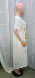 Women Shiny Print Short Sleeve Casual Maxi Dress
