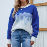 Herbst/Winter Frauen Rundhals Farbverlauf Strickhemd Kontrastfarbe Pullover