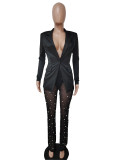 Autumn And Winter Women'S Long Sleeve Blazer Beads Mesh Straight Pants Two Piece Suits