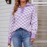 Herbst- und Winter-Strickhemd für Damen mit kontrastierendem Karo-Pullover mit Umlegekragen