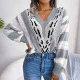 Women Fall/Winter Contrast Leopard Print Lantern Sleeve Striped Sweater
