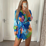 Women Printed Lace-Up Casual Long Sleeve Button Shirt Dress