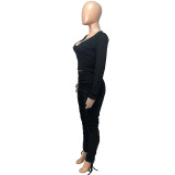 Women Fall/Winter U-Neck Long Sleeve Top+Pleated Pants Casual Two Piece Set