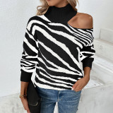 Women Turtleneck Cut Out Leopard Print Long Sleeve Sweater