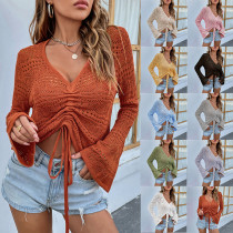 Damen-Pullover mit V-Ausschnitt, Kordelzug und Bell-Bottom-Ärmeln