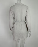 Women Solid Lace-Up Button Ruffle Dress