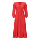 Women Autumn V-Neck Long Sleeve Pleated Maxi Dress