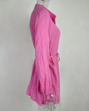 Women Solid Lace-Up Button Ruffle Dress