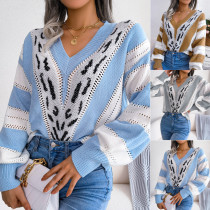 Suéter a rayas con manga farol y estampado de leopardo en contraste para mujer Otoño/Invierno