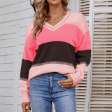 Damen Herbst/Winter Lässiger Pullover mit Kontraststreifen und V-Ausschnitt