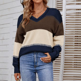 Women Fall/Winter Casual V-Neck Contrast Stripe Sweater