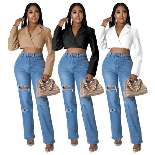 Einfarbiger Damen-Blazer mit V-Ausschnitt und langen Ärmeln