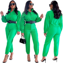 Women Fall Solid Turndown Collar Button Long Sleeve Jumpsuit （without belt）