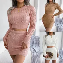 Women Fall/Winter Casual Twist Crop Sweater + Mini Skirt Two Piece