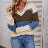 Damen Herbst/Winter Lässiger Pullover mit Kontraststreifen und V-Ausschnitt