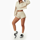 Women Casual Zip Stand Collar Long Sleeve Hoodies + Shorts Two Piece