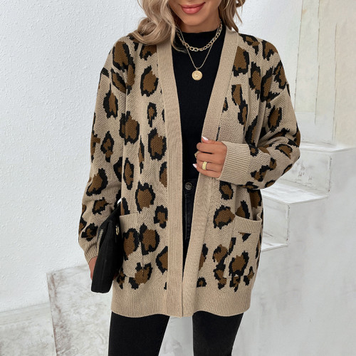 Pull cardigan à poche imprimé léopard pour femme automne/hiver