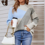 Women Half Turtleneck Color bloking Long Sleeve Sweater