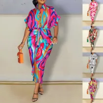 autumn long sleeve v-neck button print shirt dress women's long dress