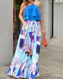 Women's Spring/Summer Sleeveless Double Layer Halter Neck Top Printed Straight Pants Two Piece