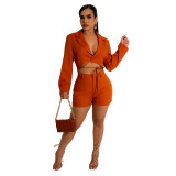 Women's Casual Suit V-Neck Cropped Blazer and Shorts Two Piece Set