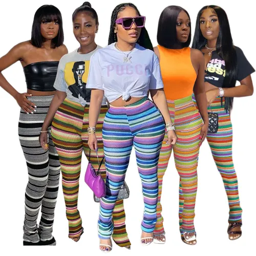 Women's Colorful Striped knitting Hollow Jacquard Fashion Pants Bell Bottom Pants