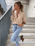 Autumn Simple Solid Color Long Sleeve V-Neck Button Turndown Collar Blouse Women